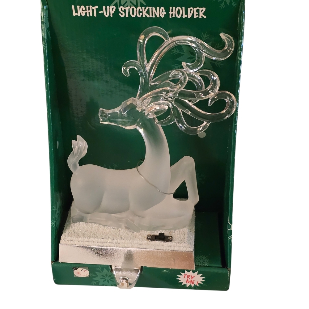 Lighted Acrylic Reindeer Stocking Holder Frosted Deer Christmas Mantel Decor NIB - Picture 2 of 7